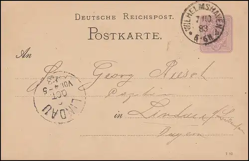 Postkarte P 12/01 Ziffer 5 Pfennig DV 7 83 WILHELMSHAVEN 7.10.1883 n.LINDAU 8.10