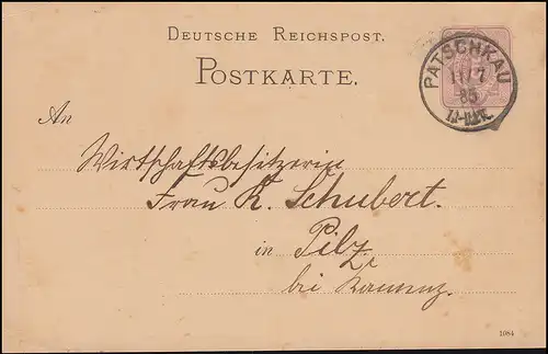 Postkarte P 12/02B Ziffer 5 Pfennig DV 1084 von PATSCHKAU 11.7.1885  nach Pilz