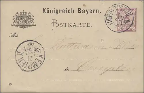Carte postale P 34/02w, paragraphe 5 Pfila DV 89, FUNTH / BAYERN 20.9.1889, vers KEMPTEN
