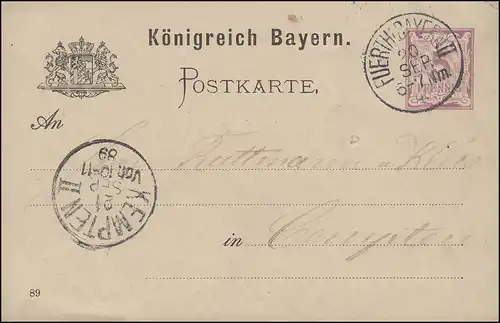 Postkarte P 34/02w Ziffer 5 Pf lila DV 89, FÜRTH / BAYERN 20.9.1889 nach KEMPTEN