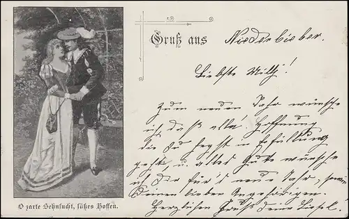 Ansichtskarte Liebespaar - Sehnsucht und Hoffen, Orts-PK NIEDERBIEBER 31.12.1898