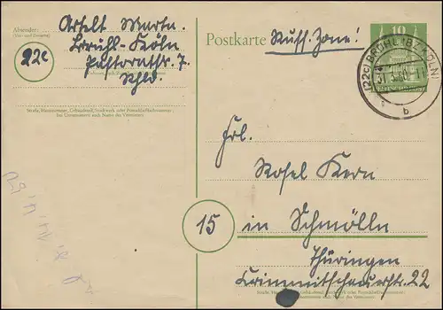 P 2I Holstentor Lübeck 10 Pf. BRÜHL (BZ KÖLN) 31.3.1950 nach Schmölln/Thüringen 