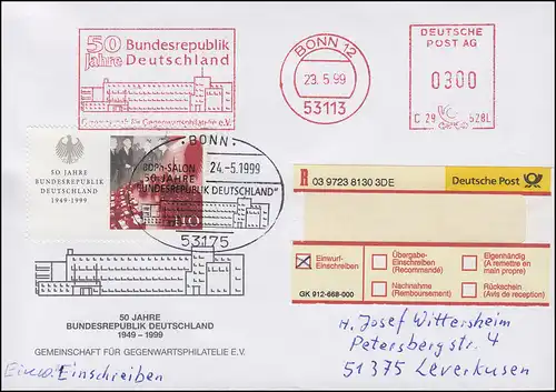 Absenderfreistempel 50 Jahre Bundesrepublik mit 2051, R-Schmuck-Bf. BONN 23.4.99