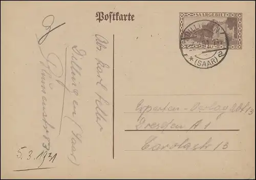 Saargebiet Postkarte P 25 Kaserne, DILLINGEN (SAAR) 3.3.1931 nach Dresden