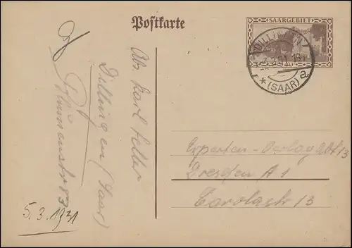 Zone de Sarre Carte postale P 25 Caserne, DILLINGEN (SAAR) 3.3.1931 vers Dresde