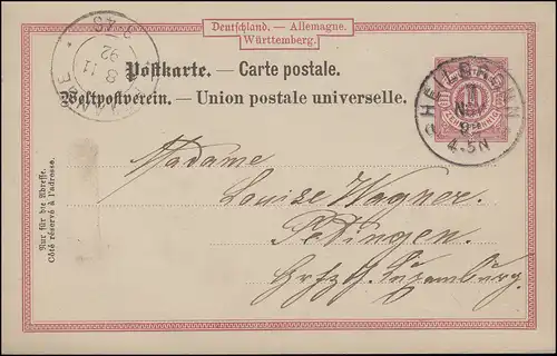 Württemberg Postkarte P 28bII von HEILBRONN 7.11.1892 nach PETANGE 8.11.92