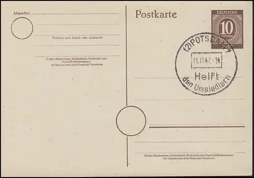 SSt Potsdam - Helft den Umsiedlern 11.11.47 auf Postkarte P 952 ohne Anschrift