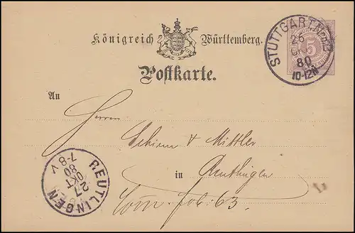Württemberg Postkarte P 20/03 von STUTTGART 26.10.1880 nach REUTLINGEN 27.10.