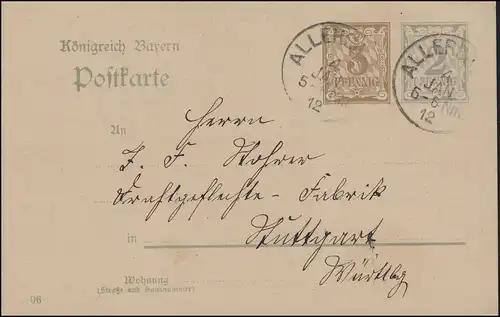 Carte postale P 74/04 Édition de consommation DV 06, ALLERSBERG 4.1.1912 vers Stuttgart