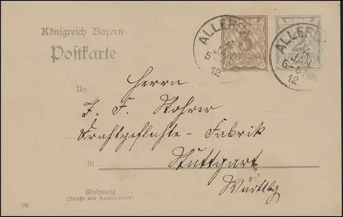 Postkarte P 74/04 Aufbrauchsausgabe DV 06, ALLERSBERG 4.1.1912 nach Stuttgart 