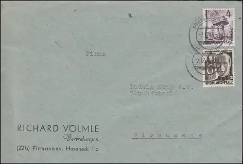 17+32 Freimarken 4+6 Pf. auf Orts-Brief PIRMASENS 7.12.1948