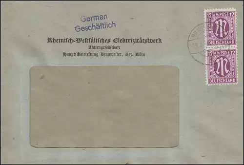 AM-Post 12 Pf Brief Rheinisch-Westfälisches Elektrizitätswerk BRAUWEILER 29.3.46