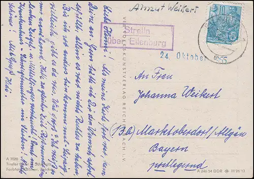 Poststelle Strelln über EILENBURG 6.10.1955 auf AK Tiroler Erker in Scharnitz