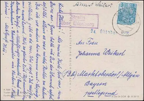 Poststelle Strelln über EILENBURG 6.10.1955 auf AK Tiroler Erker in Scharnitz