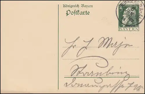 Bayern Postkarte P 87I/03 Luitpold DV 13, NÜRNBERG 2A Abt. 6.1.1914 
