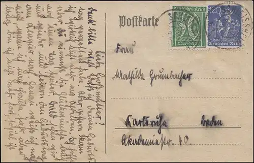 162+168 Ziffer + Bergarbeiter portogerechte Fern-Postkarte SCHLEISSHEIM 25.8.22