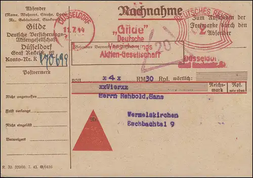 Absenderfreistempel auf Nachnahmekarte GILDE-Versicherung DÜSSELDORF 11.7.1944