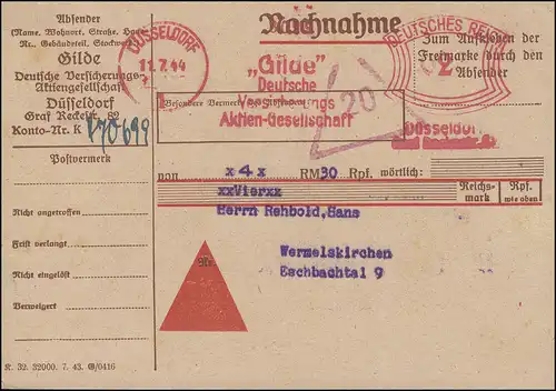 Tampon d'expéditeur sur carte de rachat assurance GILDE DÜSSELDORF 11.7.1944