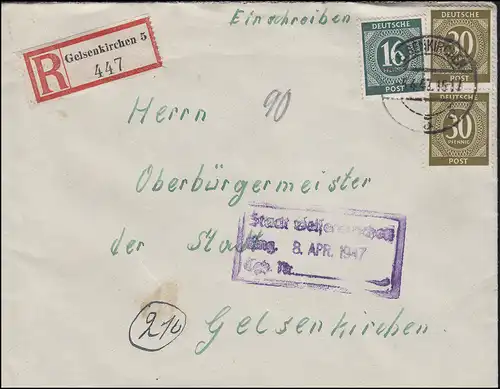 923+929 Ziffern 16+30 Pf. auf Orts-R-Brief GELSENKIRCHEN 5.4.1947