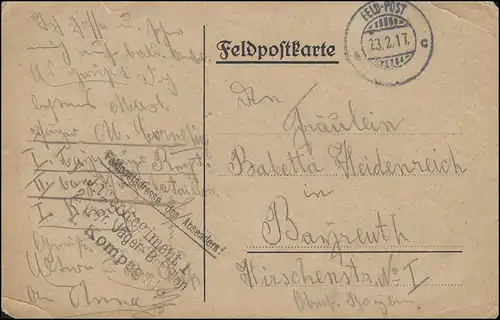 Poste de terrain S.B. Temple de Bay 4 lignes. Régiment de chasseur ..., FELD-POST 23.2.1917