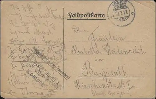 Poste de terrain S.B. Temple de Bay 4 lignes. Régiment de chasseur ..., FELD-POST 23.2.1917