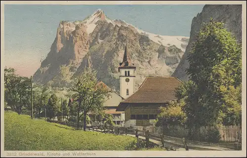 Suisse Carte de vue Grindelwald: Eglise et Wetterhorn, WINTERTHUR 31.12.1927
