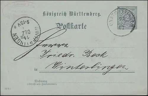 Postkarte P 43 mit DV 12 9 1, ONSTMETTINGEN 10.12.01 nach WINTERLINGEN 11.12. 