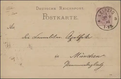 Postkarte P 12/02 A mit DV 884 von LEIPZIG 28.9.1884 nach MÜNCHEN 29.9.