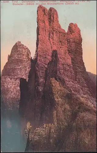 Autriche Carte de vue Tyrol - Dolomie tours Vajolet, CORTINA 26.7.1913