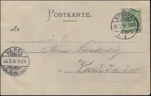 Fotokarte von BREMEN 28.3.1898 nach VAREL (OLDENBURG) 28.3.98