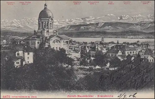Schweiz Ansichtskarte Zürich-Neumünster - Kreuzkirche mit Alpen, 4.9.1906