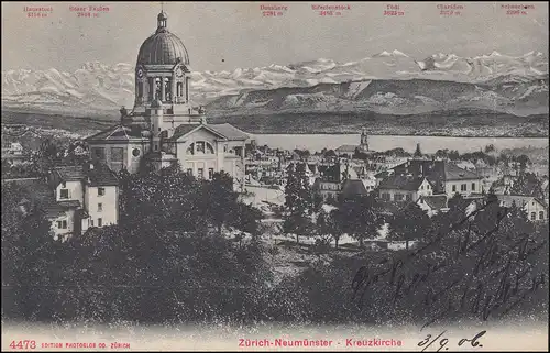 Suisse Carte de vue Zurich-Neumünster - Eglise de croix avec Alpes, 4.9.1906