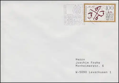 1612 Adam Riese, EF Brief Annaberg-Buchholz Adam Ries Festwoche Juli 1992