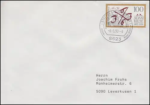 1612 Adam Riese, EF Brief SSt Staffelstein Adam-Riese-Stadt 8.5.92