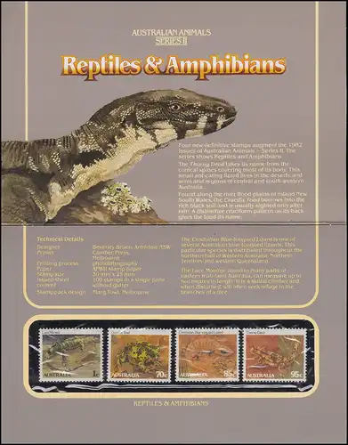 Australie Reptiles et amphibiens Série II avec 826-829 ensemble 1983 dans le folder