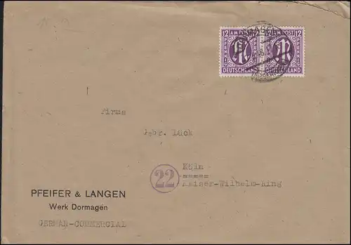 AM-Post 12 Pf. Paar als MeF auf Fern-Brief DORMAGEN 7.3.1946 nach Kölm