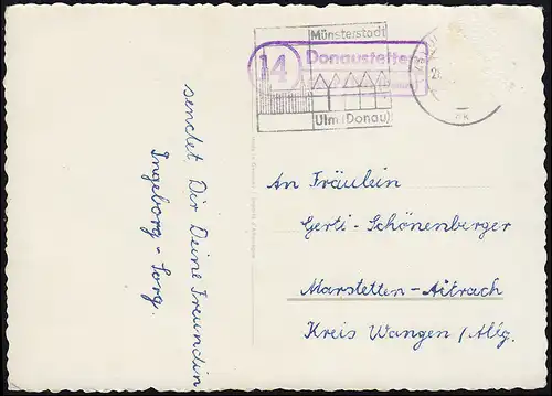 Landpost 14 Donaustetten über Neu-Ulm (Donau), auf Osterkarte um 1959/1960