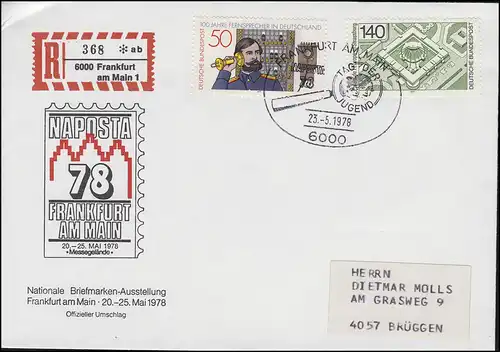 NAPOSTA 1978 Schmuck-Brief gedruckter R-Zettel MiF 921+947 SSt FRANKFURT 23.5.78