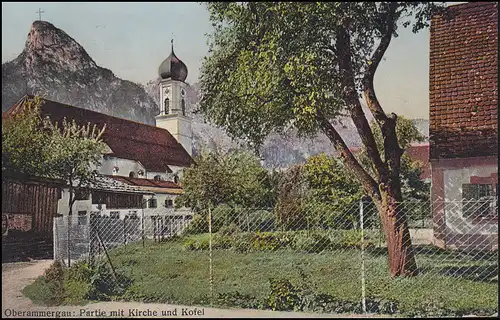 Carte de vue Partie avec église et Köfel, Jeux de Passion OBERAMMERGAU 18.9.10