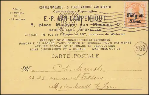 Zensur Belgien 13 Germania mit Aufdruck EF auf Postkarte BRÜSSEL 15.6.17