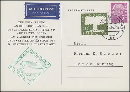 Carte postale fixe Zeppelin-Gedenk-Feier 1. atterrissage Echterdingen, Stuttgart 18.8.1958