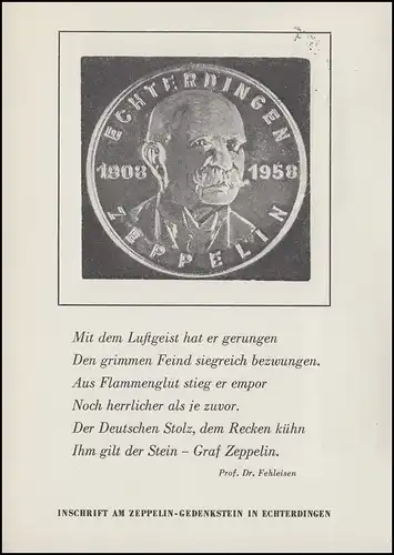 Festpostkarte Zeppelin-Gedenk-Feier 1. Landung Echterdingen, Stuttgart 18.8.1958