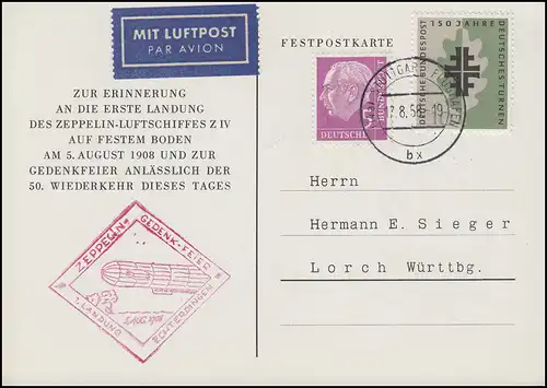 Carte postale fixe Zeppelin-Gedenk-Feier 1. atterrissage Echterdingen, Stuttgart 17.8.1958