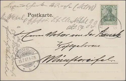 Germania 5 Pf. EF Postkarte ANTWEILER BZ. CÖLN 15.7.07 nach Münstereifel 15.7.07