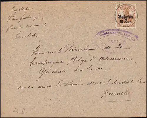 Censurer le point de contrôle sur lettre COUILLET 1916 avec 15II en tant qu'EF à Bruxelles