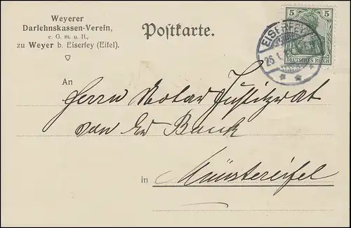 Germania 5 Pf. EF Carte postale Crédit-Verein zu Weyer EISERFEY 26.1.11