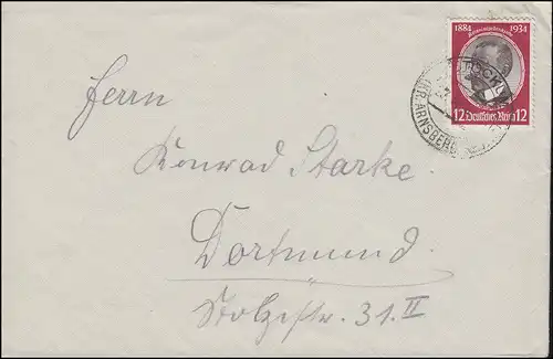 542 Fête des algues coloniales 12 Pf comme lettre EF à distance STOCKUM KR. ARNSBERG 23.8.1934