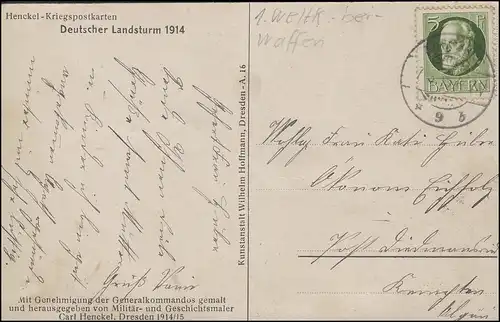 Carte postale de guerre de Henckel Deutscher Landsturm 1914, AUGBURG 7.3.15 vers Kempten