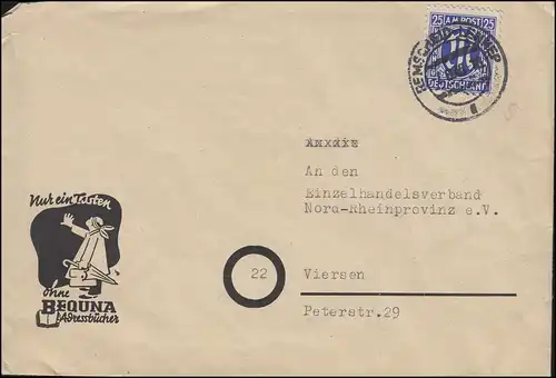 9 AM Post 25 Pf EF Enveloppe publicitaire BEQUNA Livres d'adresses REMSCHEID-LENNEP 7.6.1946