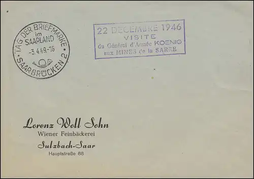 SSt SAARBRÜCKEN Tag der Briefmarke 2.4.49 Bf. Neben-O 22.12.1946 Minister-Besuch